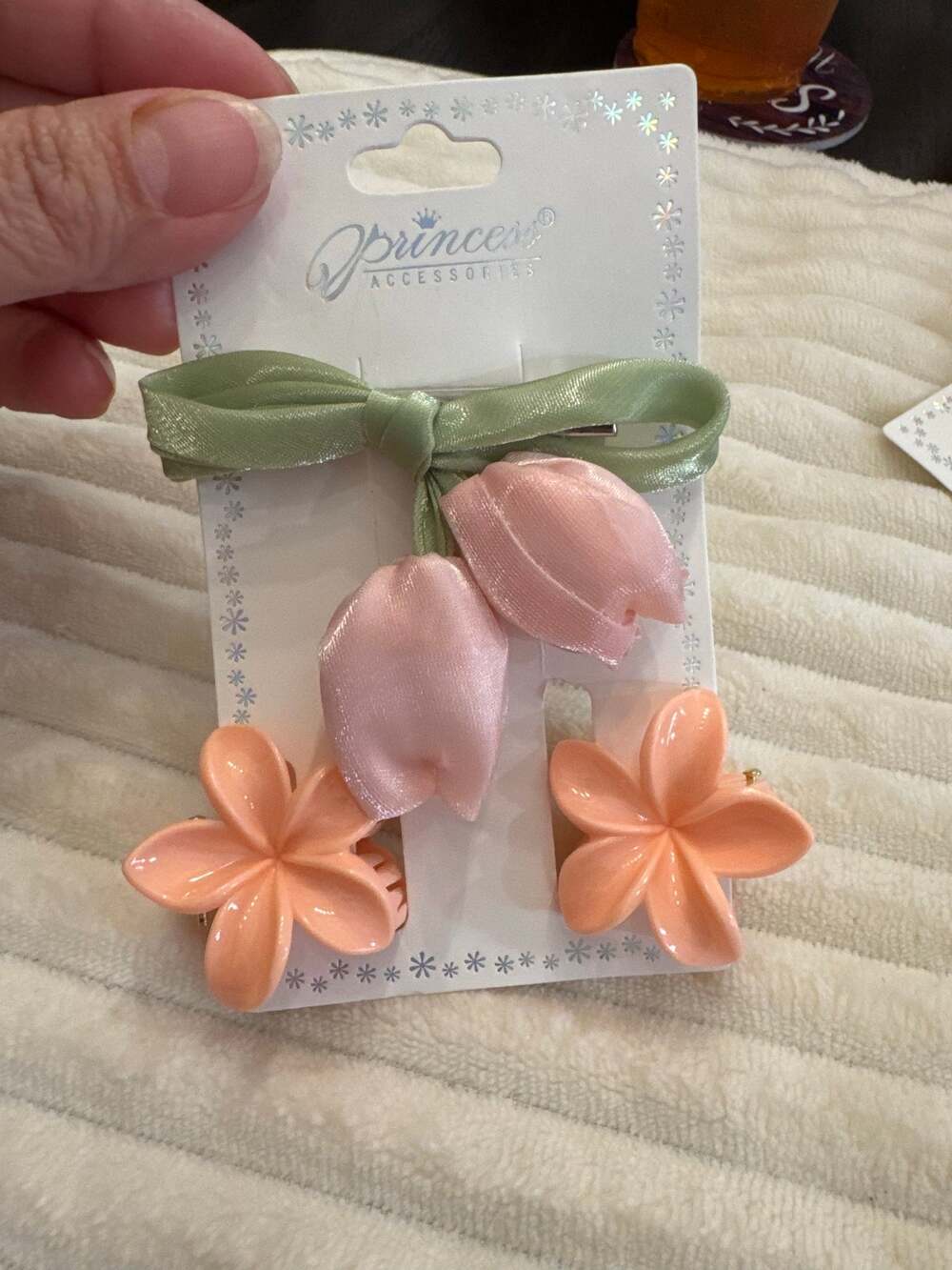 Pink tulip with leafs hair clip and 2 peach flower hair claws set